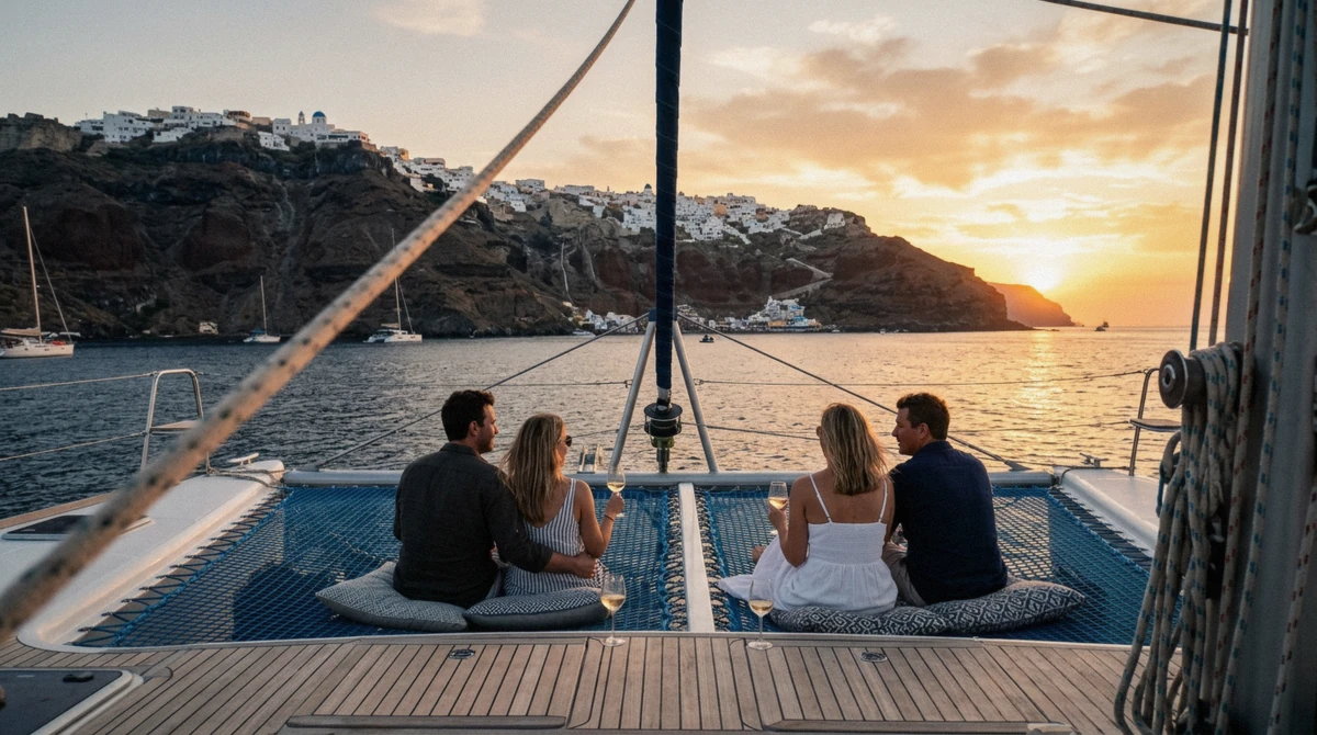 Sunset on the deck of a Santorini catamaran cruise