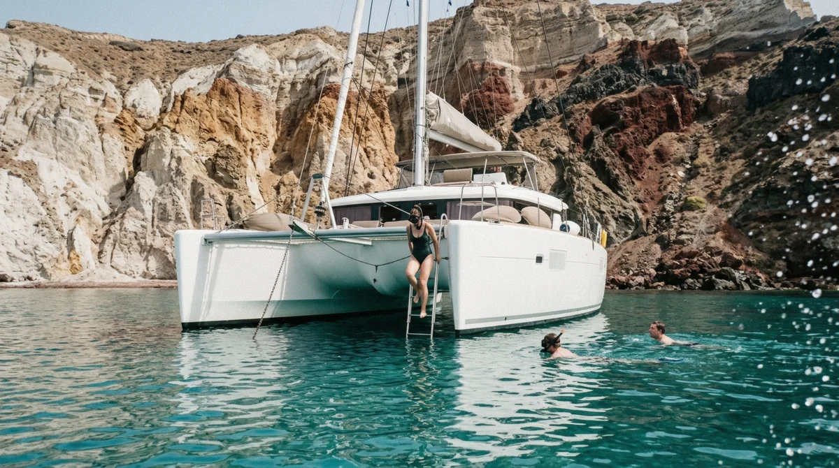 Swim stop in clear water beside a catamaran on a Santorini catamaran cruise